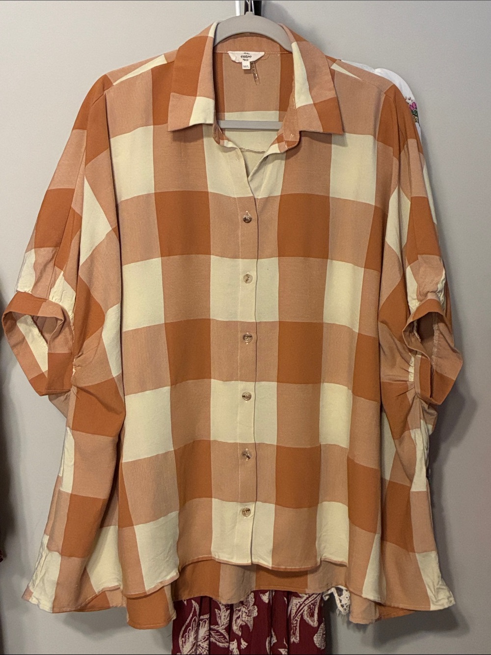 entro Plaid Check Button-Front Shirt in Cream & Brown Oversized Medium Large - Picture 2 of 7